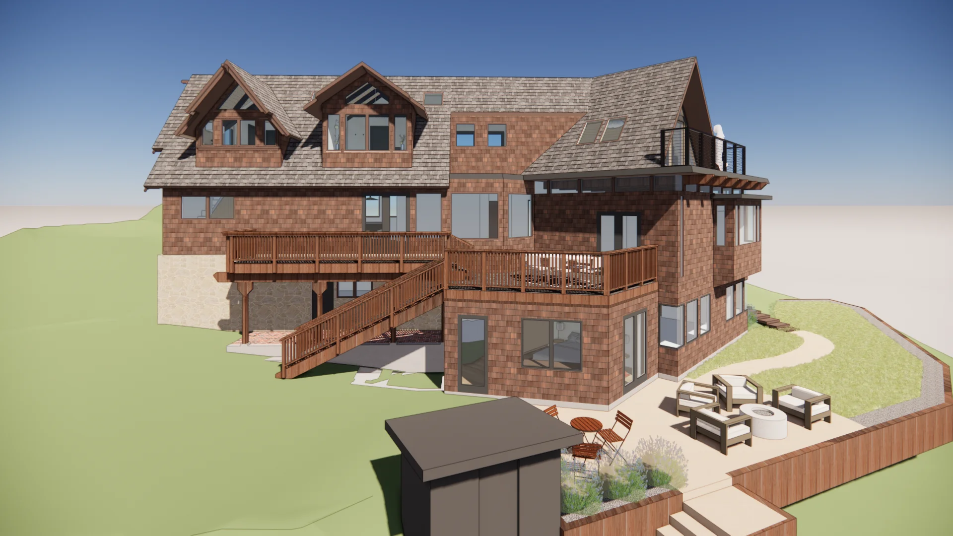 Vought Construction Inc 3D rendering: large multi-story house with brown shingles, decks, patio seating, and landscaped yard.